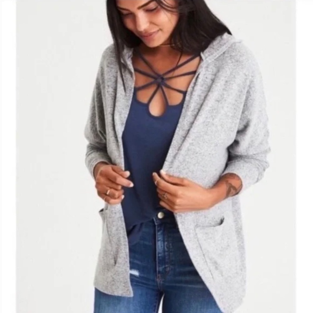 AEO Soft&Sexy Plush Hooded Cardigan Heathered Gray